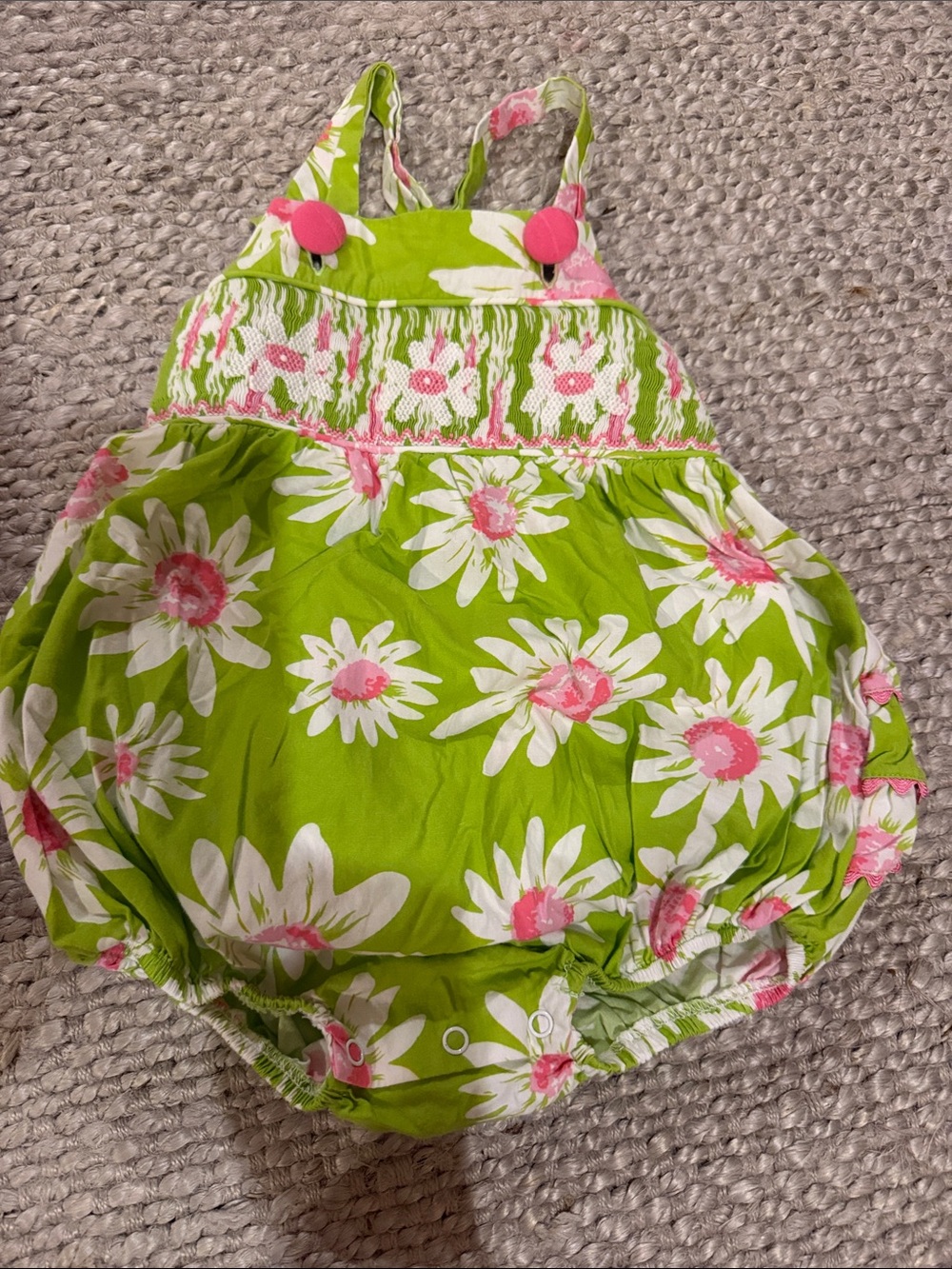 Green Floral Baby Bubble Romper with Pink Daisy Accents